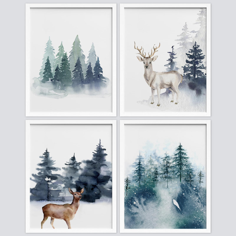 «Pastel Christmas Reindeer Deer Moose Forest», reproduction d'art encadrée sur papier 4 pièces, Blanc, H 10 po x l 8 po