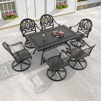7-Piece Rectangular Cast Aluminum Patio Dining Set with Swivel Chairs & Cushions