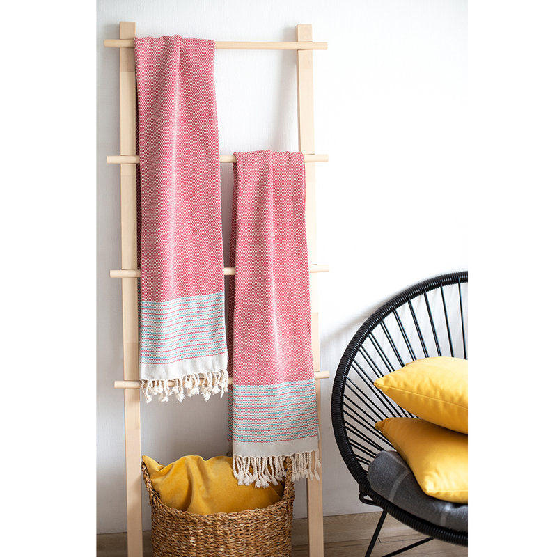 Handwoven Red Turkish Cotton Throw Blanket Set with Tassels