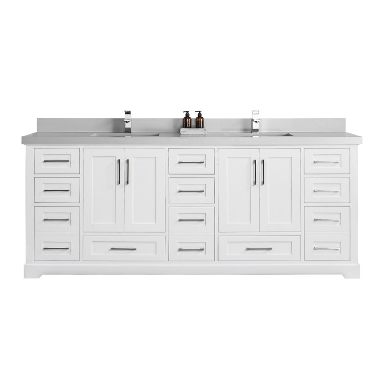 Eser 84'' Double Bathroom Vanity with Top, White, Straight Carrara Quartz