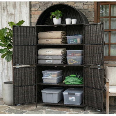 Tall Arched Wicker Outdoor Storage Cabinet with 4 Doors, Rattan Vertical Outdoor Storage Shed with Adjustable Shelves, Outdoor Towel Holder for Garden, Backyard & Pool