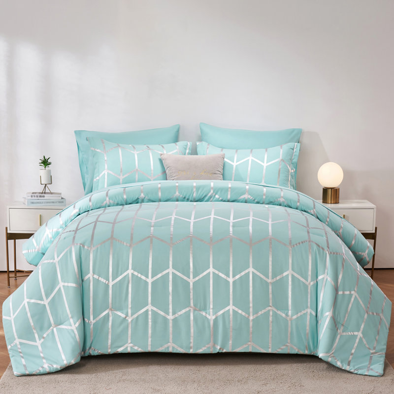  5-Piece Twin Size Metallic Geometric Comforter Set, Modern Sliver Foil Chevron Bedding on Blue, All-Season Microfiber Bed in a Bag with Sheets and Pillow Shams