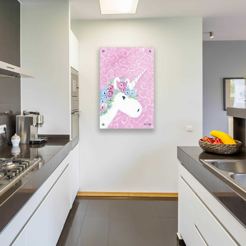 «Floral Unicorn II» par Roey Ebert, art mural en verre acrylique, H 36 po x l 24 po x P 0,2 po
