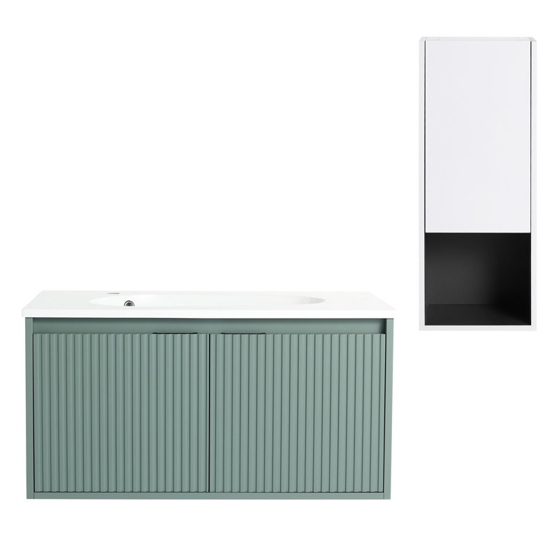Meuble-lavabo de salle de bain 36 po avec lavabo en résine en forme de goutte et armoires latérales, blanc