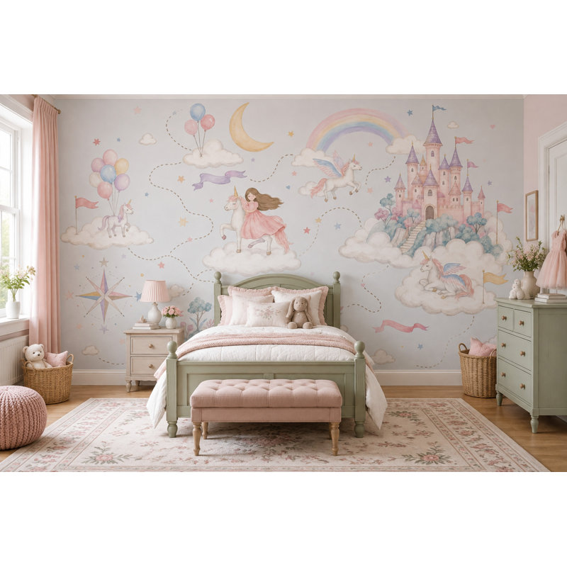 Papier peint aquarelle château de princesse licorne, fresque murale féerique, 120 po x 96 po, Non tissé