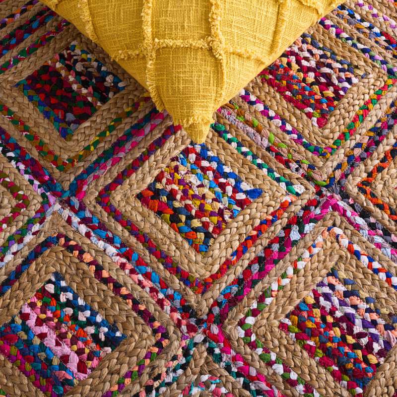 Tapis géométrique en jute / denim tissé à la main Adilynn, Rectangle 2 pi x 3 pi