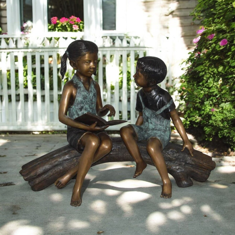 Boy & Girl Reading on Tree Log Bronze Statue – Elegant Landscape Sculpture Decor, 37"L x 14"W x 27"H