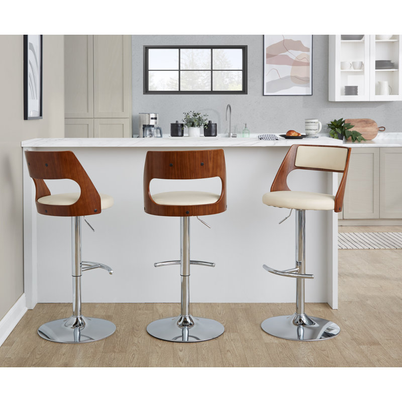 Tabouret de bar réglable Cecina avec repose-pieds arrondi en T - ensemble de 2, Chrome / noyer, Crème, crème