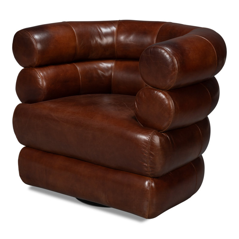 Fauteuil demi-tonneau rembourré et pivotant, Cuir brun
