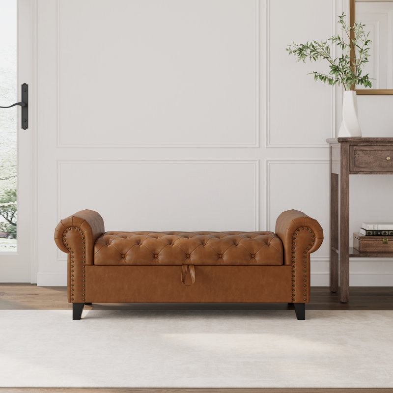 Banc de rangement en similicuir 51 po avec accoudoirs roulés, H 20 po x l 51 po x P 18,5 po, Brun