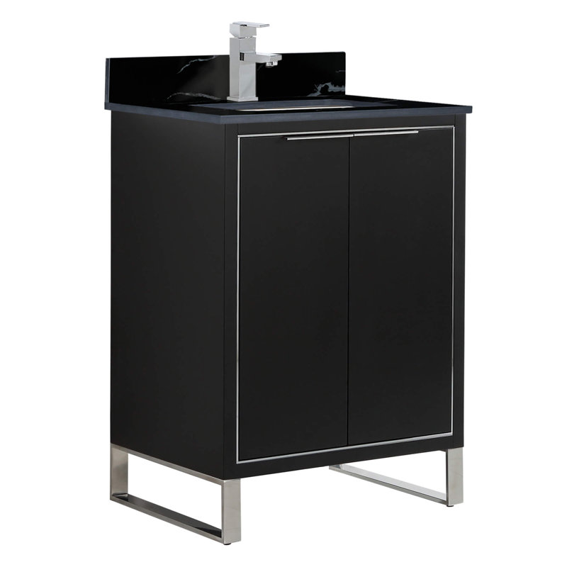24'' Single Bathroom Vanity with Stone Top, Black Matte, Chrome