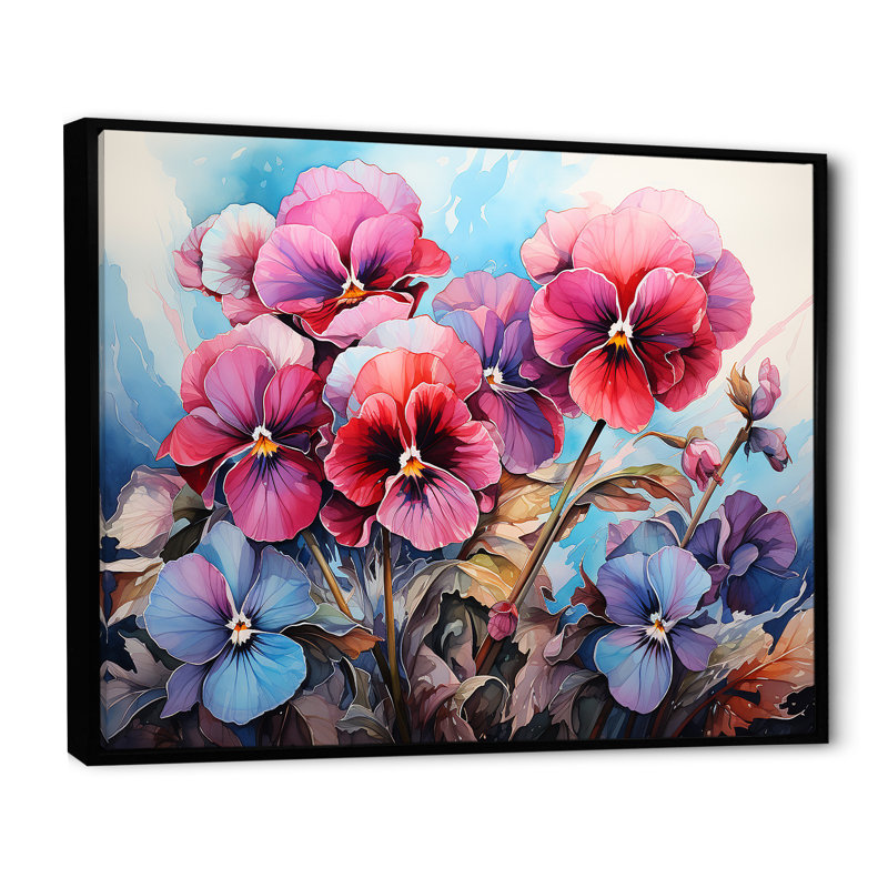 «Pink Pansies Charm In Mountain Scenery», reproduction sur toile, Cadre flottant noir, H 12 po x l 20 po x P 1 po