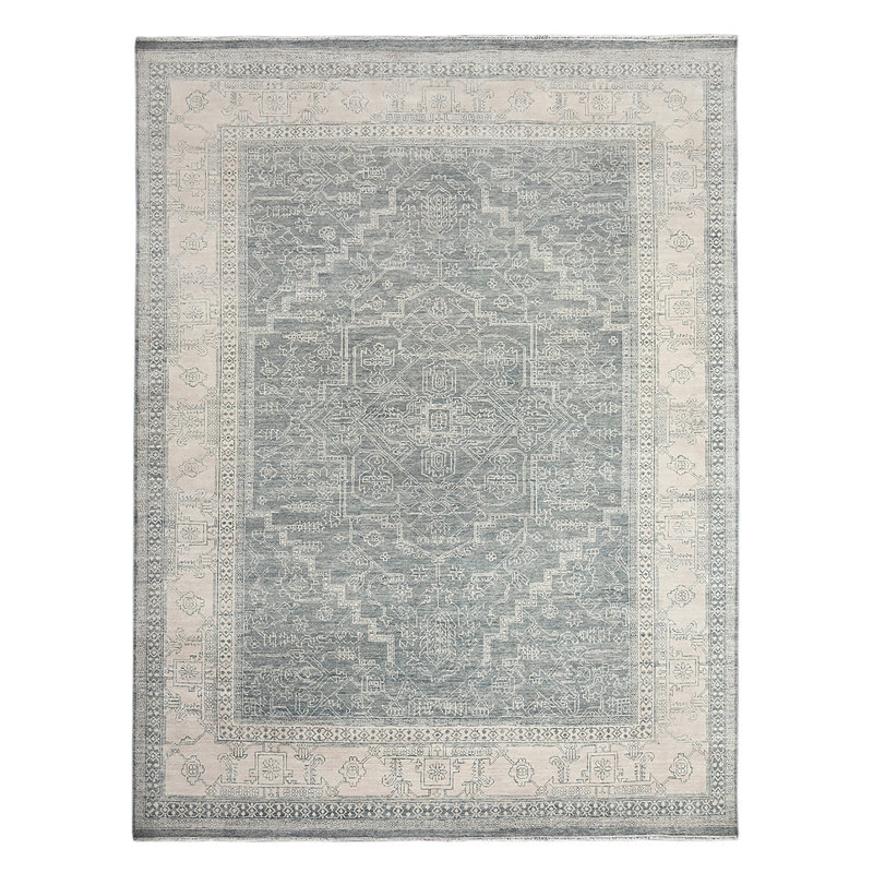 Tapis bleu en laine noué à la main Butner, Rectangle 9 pi x 12 pi