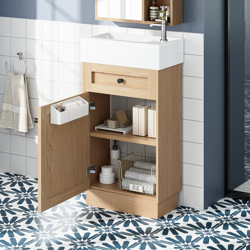 Meuble-lavabo de 18,5 po de style rustique avec lavabo réversible en résine, fabrication d'armoire, tablette intérieure réglable pour un rangement personnalisé, poignées élégantes en alliage de zinc, surface à grain de bois, conception à fermeture en douceur