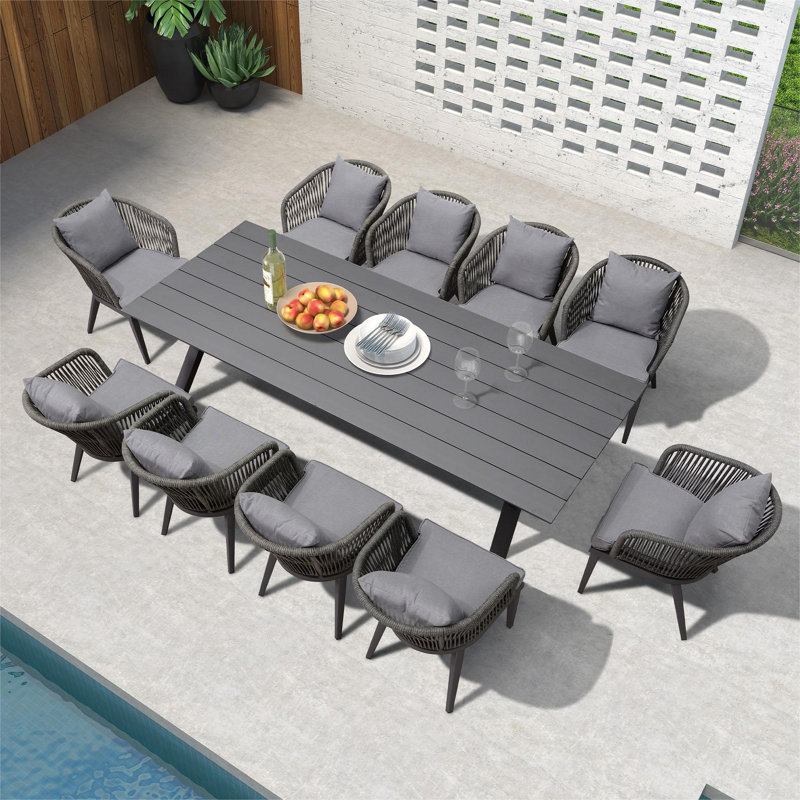 Maddielyn 10-Person Aluminum Patio Dining Set with Rectangular Table, Removable Seat and Back Cushions