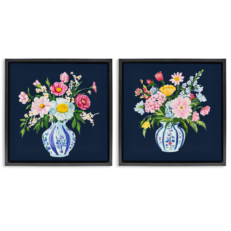 Ensemble de 2 vases Twin Chinoiserie, par Yen, Cadre flottant noir de jais, H 18 po x l 18 po