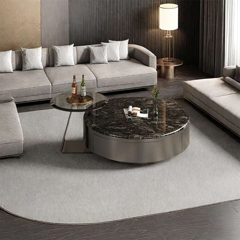Italian round marble coffee table, Black/Transparent/Multicolor