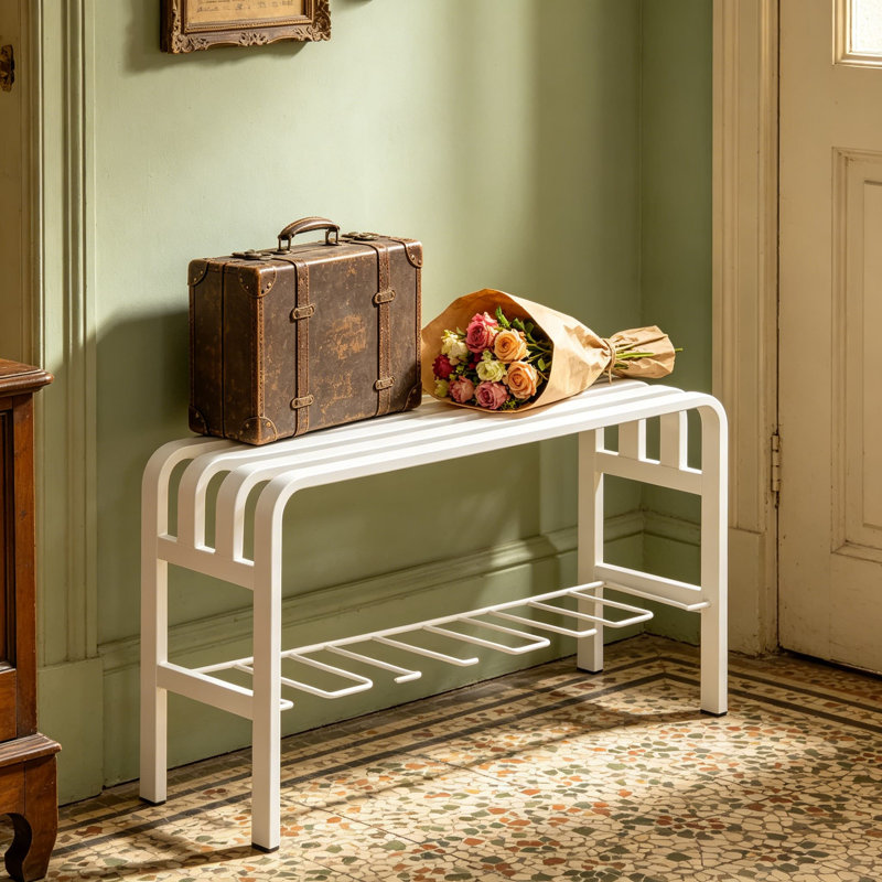 Banc à chaussures horizontal en acier, range-chaussures pour entrée, banc de rangement pour chaussures avec structure en fil incurvé, finition thermolaquée, blanc