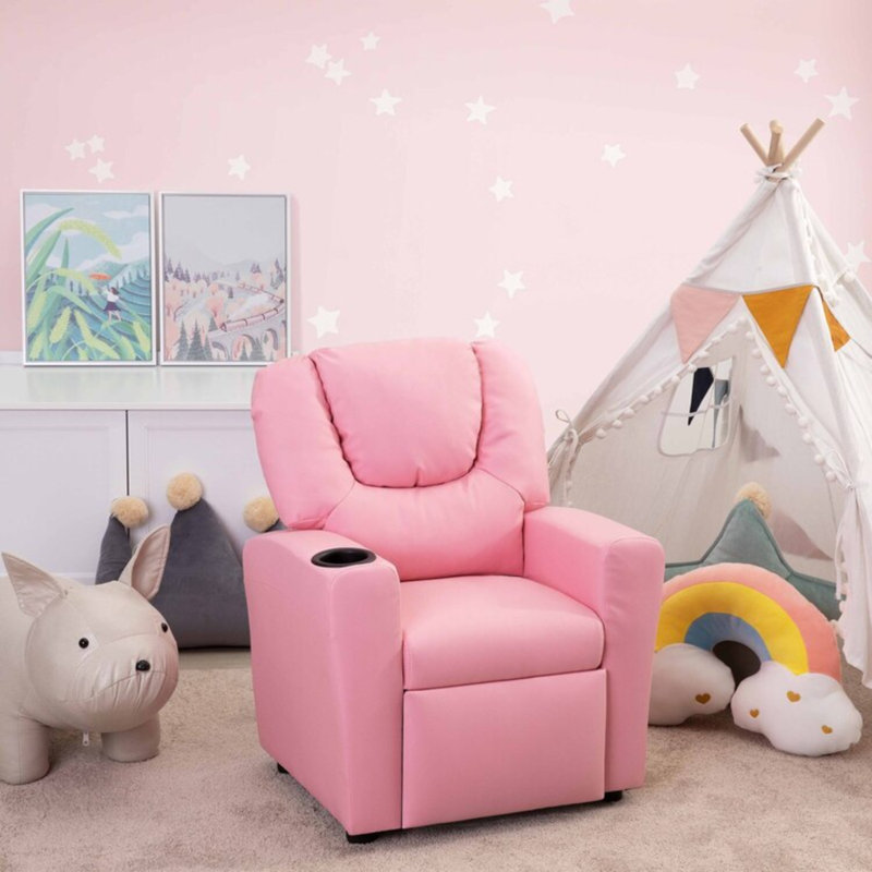 Roomy Kids' Recliner Chair with Cup Holder, Toddler Recliner With Push-Back Design, and Adjustable Footrest, Pink PVC