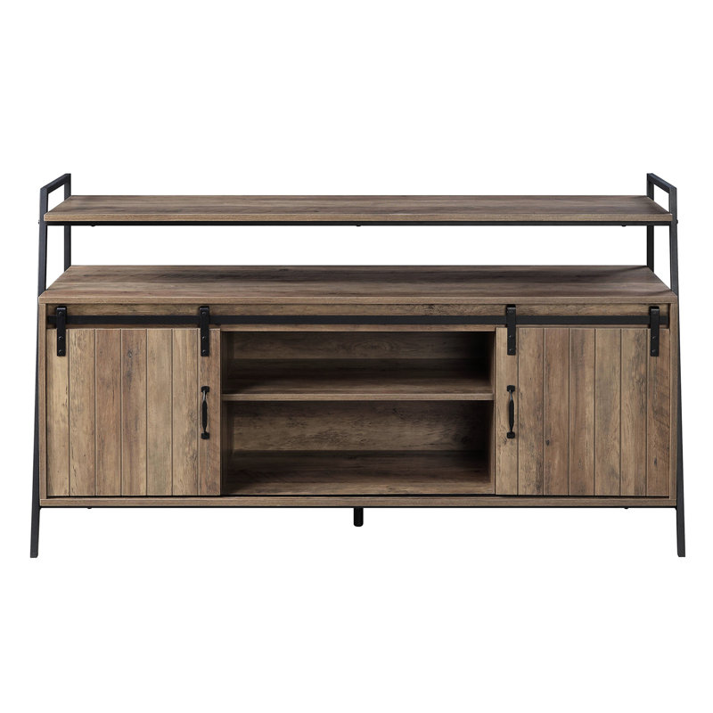 60-Inch Tv Stand With Rustic Oak And Black Metal Frame, Sliding Barn Door Storage, 6 Storage Sections, 1 Open Compartment, For 50 - 59 Inch Tvs In Living Spaces Of Metal, Spaces, Placement Areas