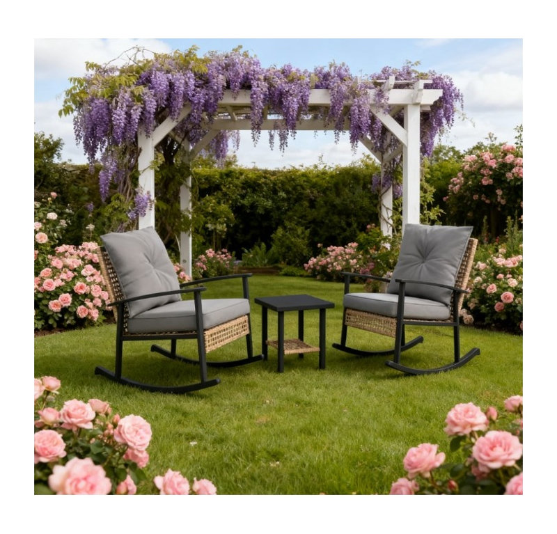 Ensemble de meubles de patio gris 3 pièces avec coussins capitonnés et deux chaises berçantes en rotin