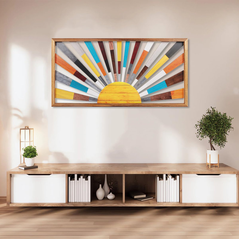 Large Framed Boho Sun Wooden Wall Art Rainbow Sun Rising On Horizon 16x32 Inch Geometric Sunshine For Living Room Bedroom And Office
