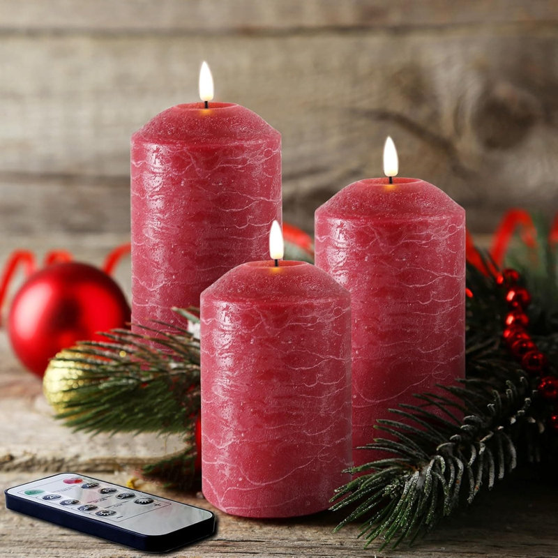 3 Pack Gold Flameless Pillar Candles with Remote: Flickering, Real Textured Wax, Battery-Operated LED Candles, Red