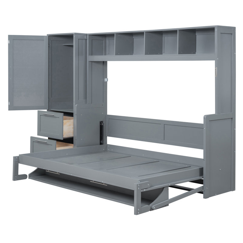 Lit escamotable en bois avec placard et tiroirs, Grand lit, Grey