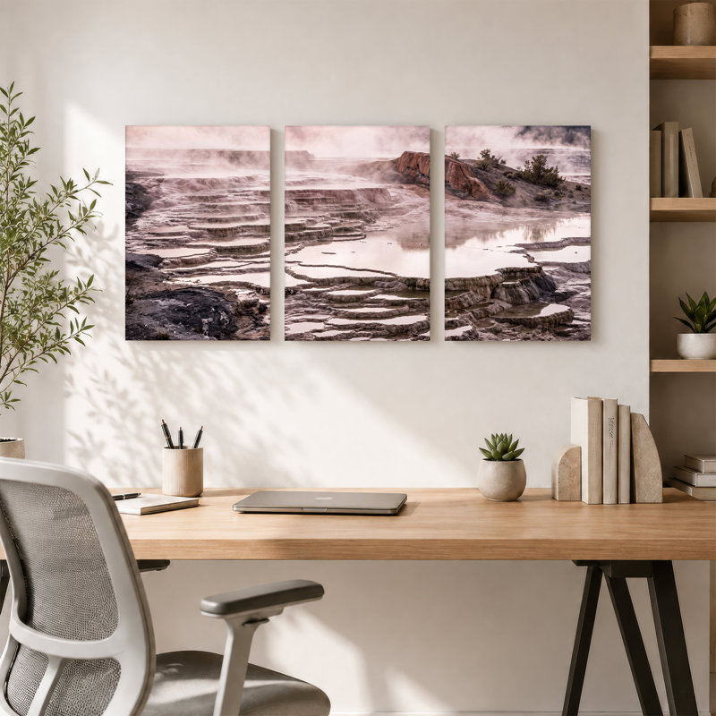 Ensemble de 3 toiles minérales terrassées à la vapeur avec brume rose, H 24 po x l 16 po x 3 pièces