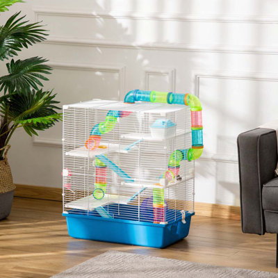 Très grande cage à hamster de 23 po de PawHut avec tubes et tunnels, poignées de transport portatives, maison de rat et grande conception à 5 niveaux, avec roue d'exercice, bouteille d'eau, plat à nourriture, bleu