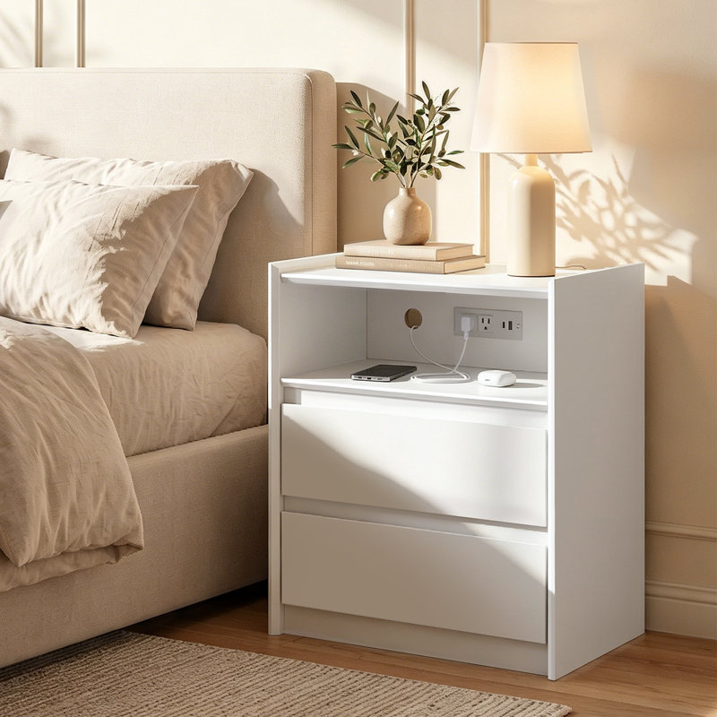 Modern 20" Nightstand with Charging Station, 2 Drawers and Open Shelf, White, Individual