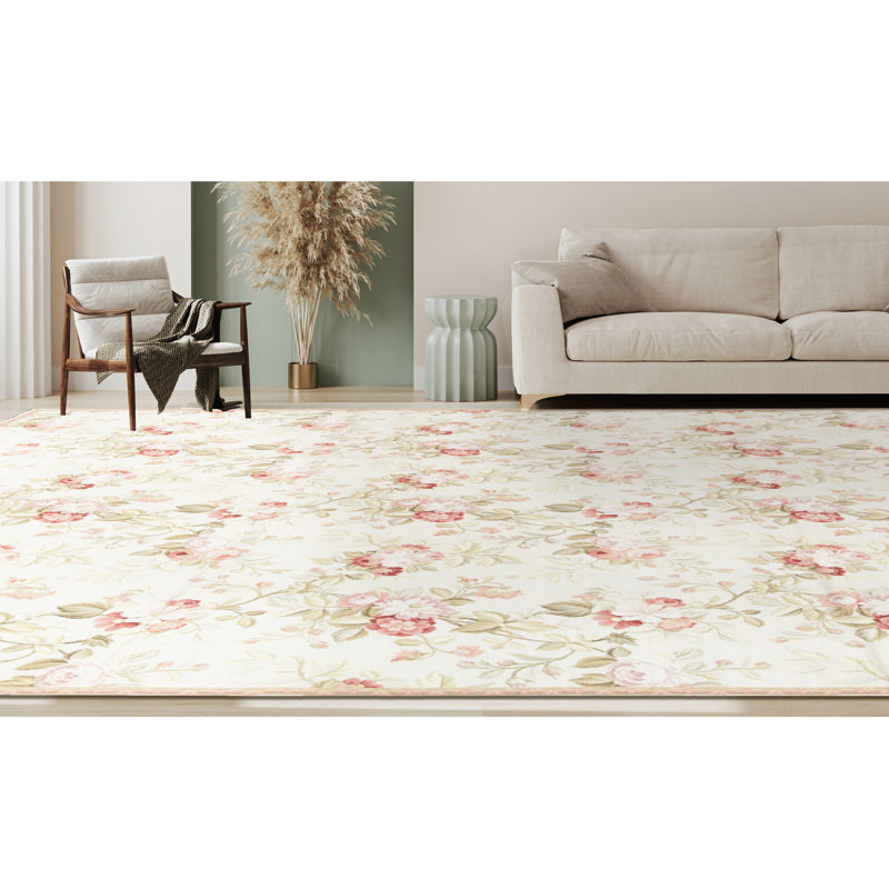 Wool Floral Area Rug in Ivory/Pink/Light Green