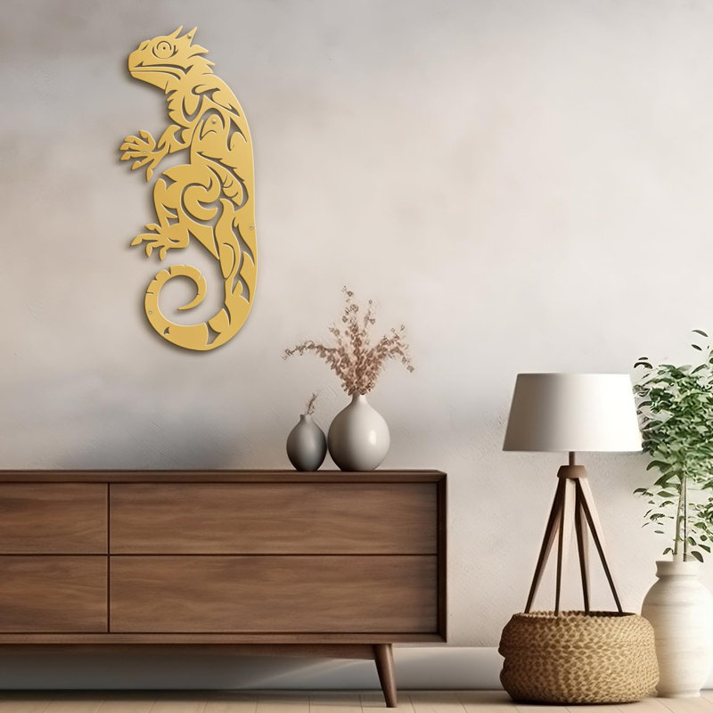 Lézard animal moderne abstrait sculpture murale décorations murales salon, H 18 po x l 6 po x P 0,05 po, Or