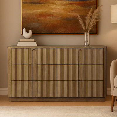 Commode en bois massif à 6 tiroirs avec façade à roseaux pour rangement moderne