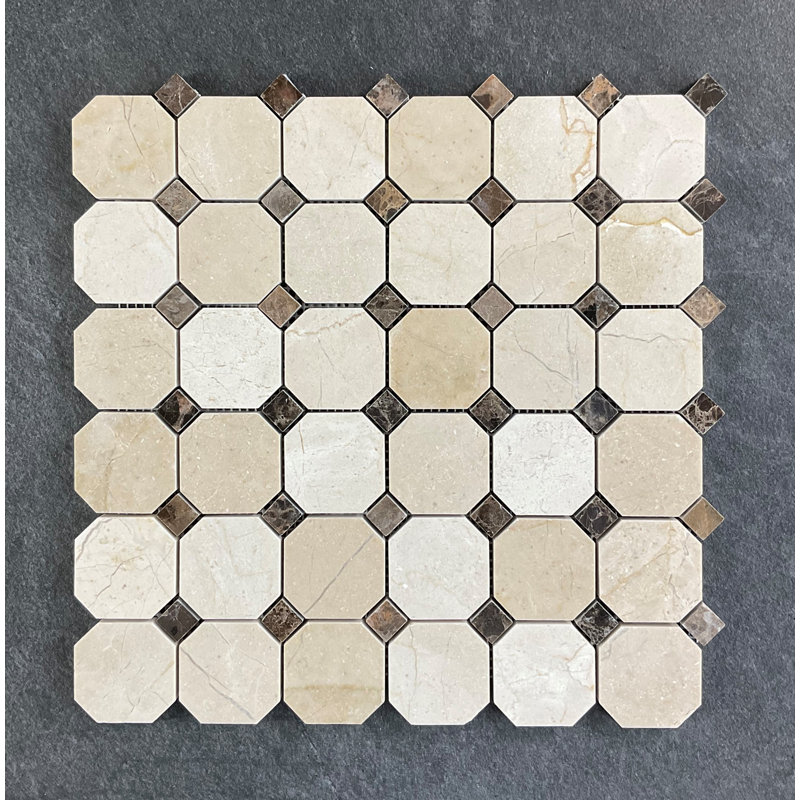 Carreau de mosaïque en marbre octogonal et à pois, Crème Marfil
