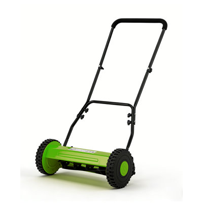 16 Inch Manual Push Lawn Mower, Hardened Steel 5-Blade Reel Cutter, Adjustable Height Yard Tool in Green