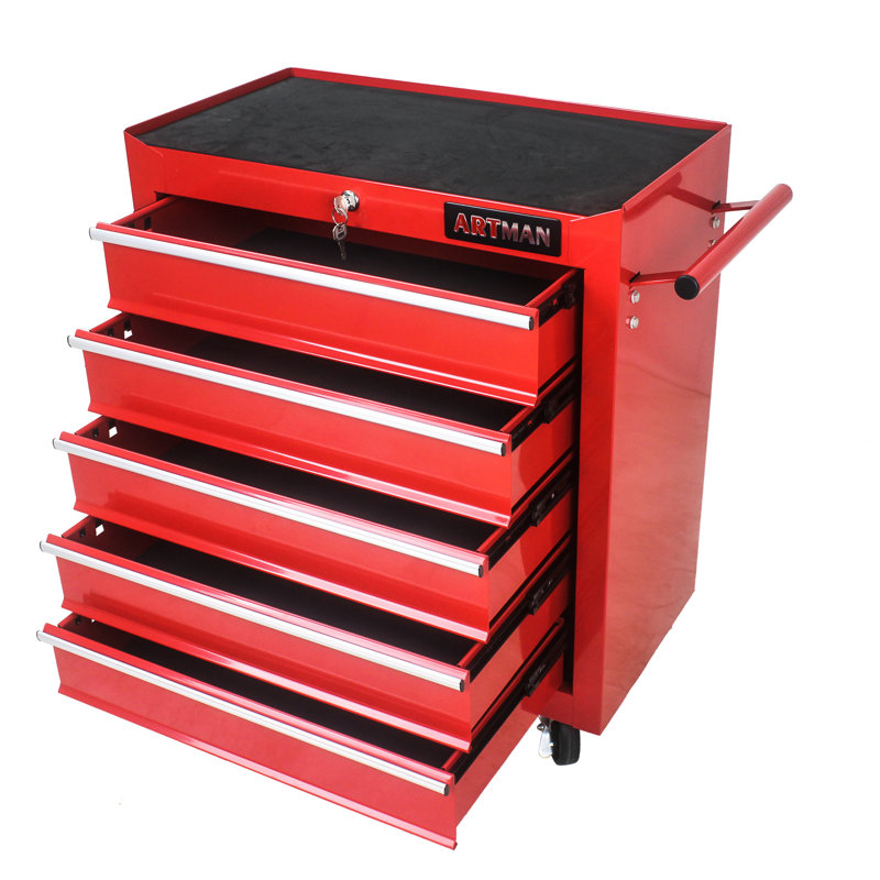 Coffre à outils à 5 tiroirs, armoire de rangement pour outils pour le garage avec 4 roues et système de verrouillage, Rouge