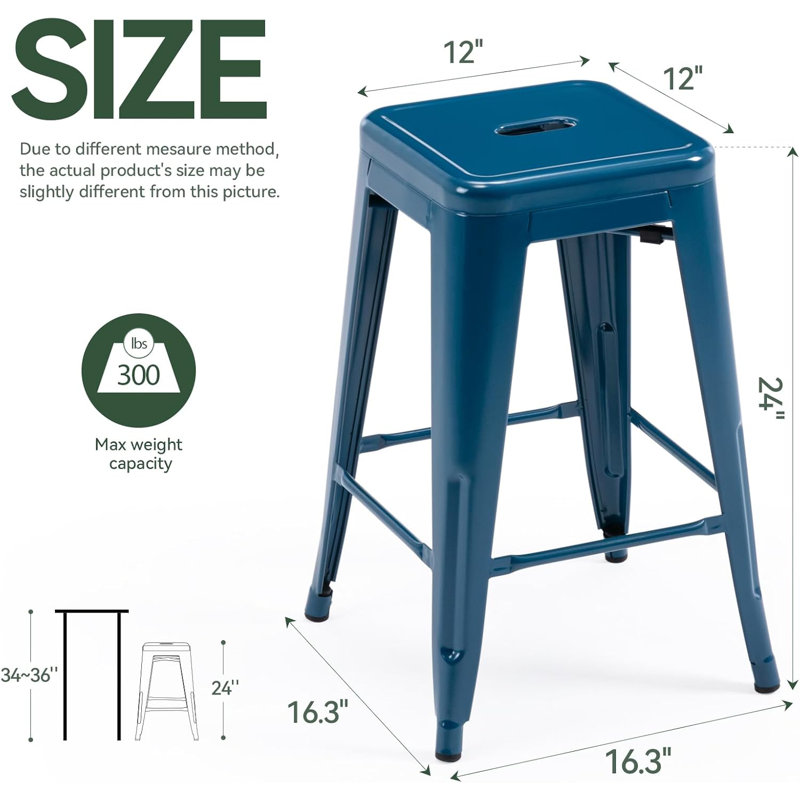 Metal Bar Stools Set of 2, Counter Height Bar Stools 24 Inches Industrial Bar Chairs Patio Stool Indoor-Outdoor Counter Height Stools with Square Seat