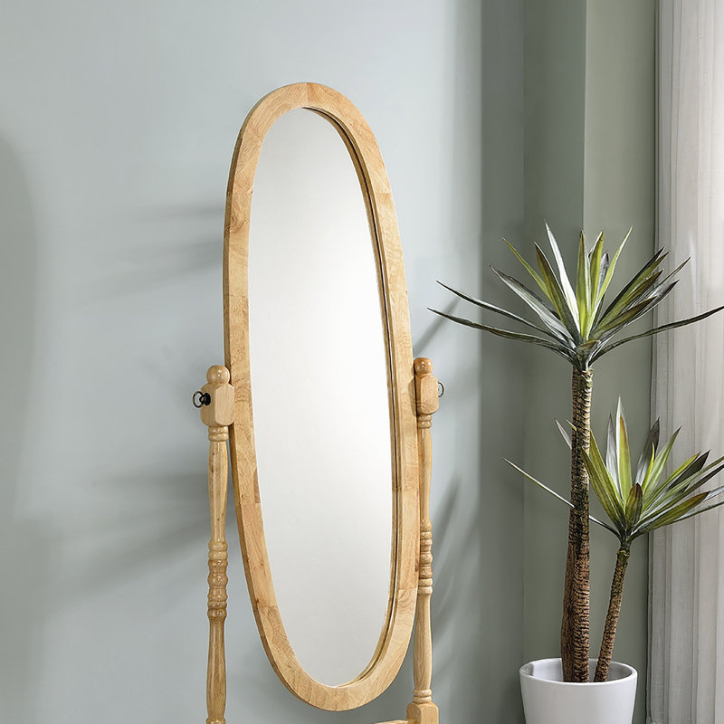 59.25" Tall Standing Wooden Floor Mirror With Natural Finish, Oval Shape, Natural