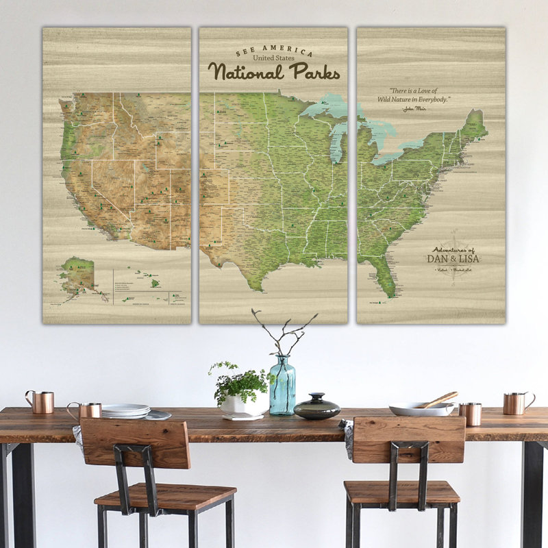 Carte et punaise des parcs nationaux et des États-Unis - 3 panneaux, H 40 po x l 64 po, Oui