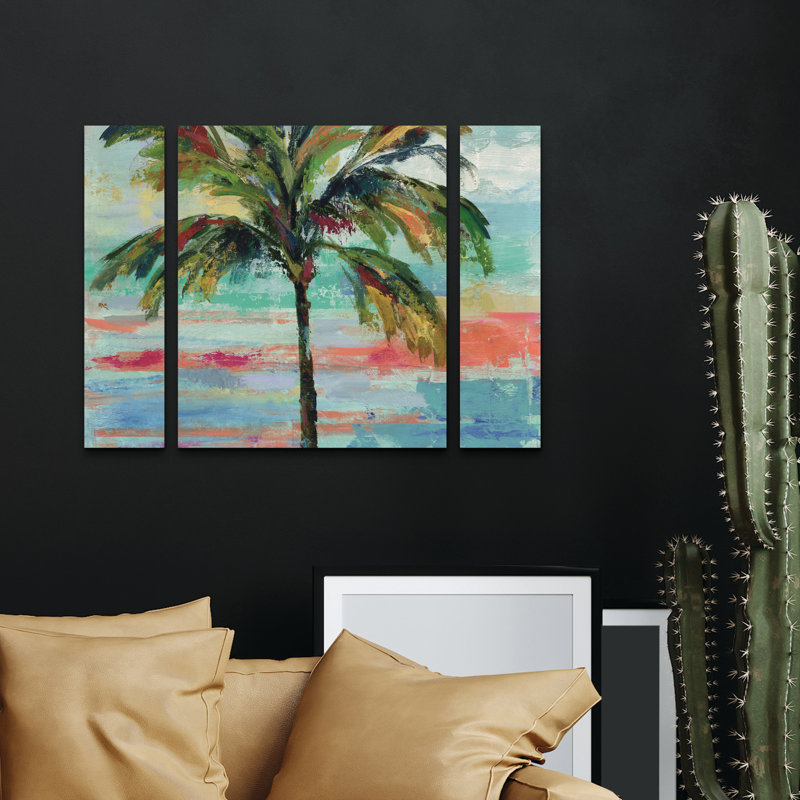 Ensemble de 3 panneaux muraux - Silvia Vassileva «California Palm Ii», art mural sur toile pour le salon, la chambre à coucher ou le bureau 