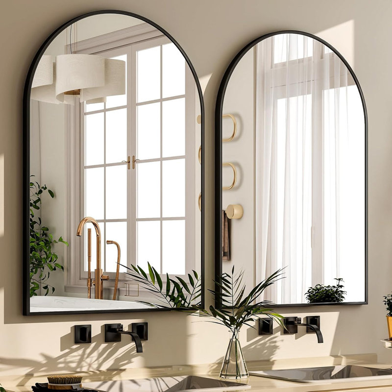 Miroir de salle de bain pour mur, miroir de salle de bain arqué pour meuble-lavabo au-dessus de l'évier, cadre en métal avec verre incassable HD pour entrée, salon, chambre à coucher