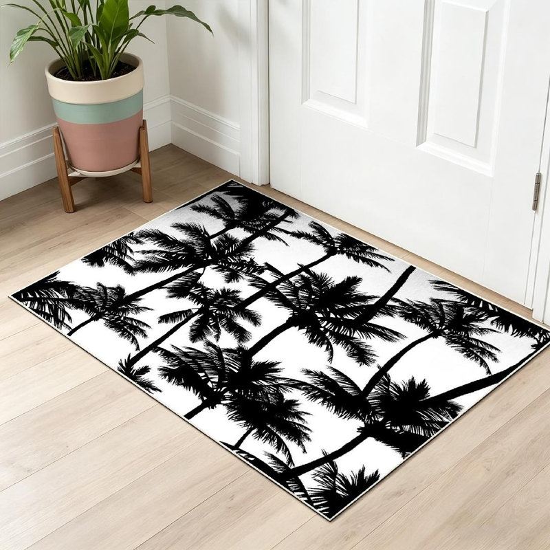 Tapis blanc lavable à la machine, palmiers noirs dessinés pour l'intérieur, Rectangle 32 po x 47 po