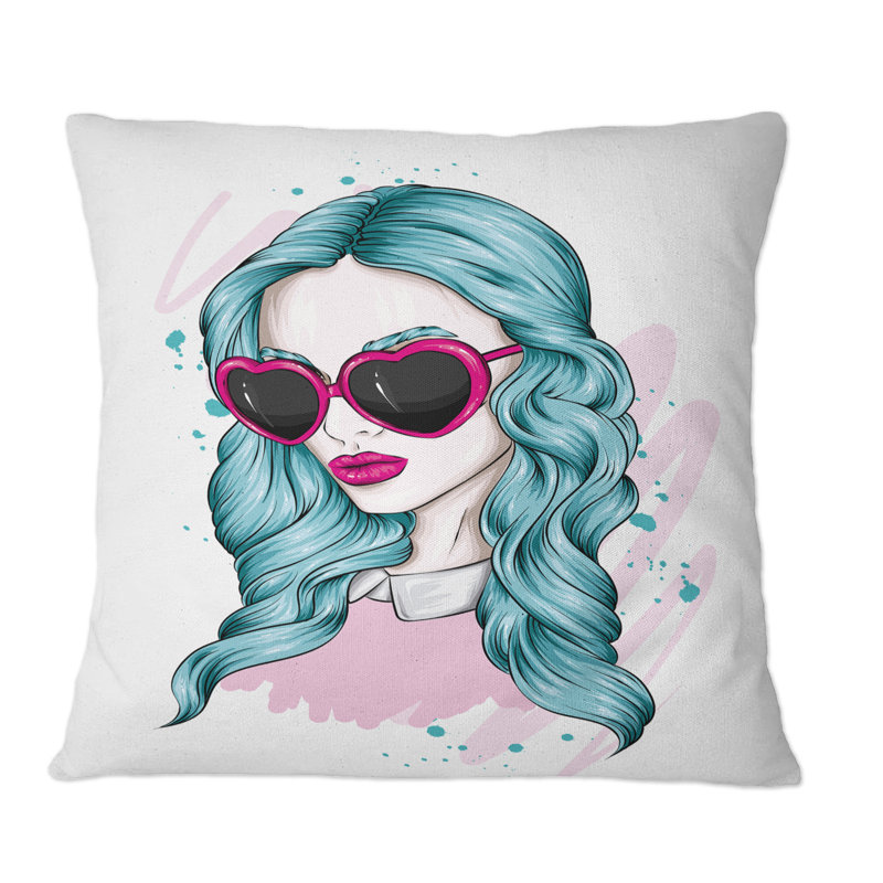 Portrait d'une jeune femme aux cheveux turquoise - Coussin décoratif à imprimé moderne, 18 po x 18 po
