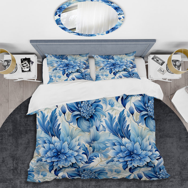 «Blue Watercolor Damask Dahlia Mirage» - Ensemble de housse de couette à motif floral - Microfibre de polyester