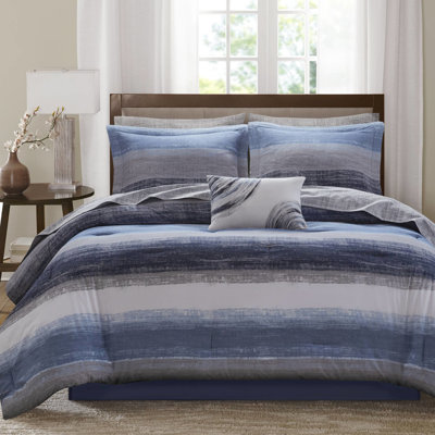 Couette 9 pièces pour lit Queen Size, motif aquarelle marine, en microfibre, avec draps en coton, taies d'oreiller assorties, cache-sommier et coussin décoratif à rayures élégantes.