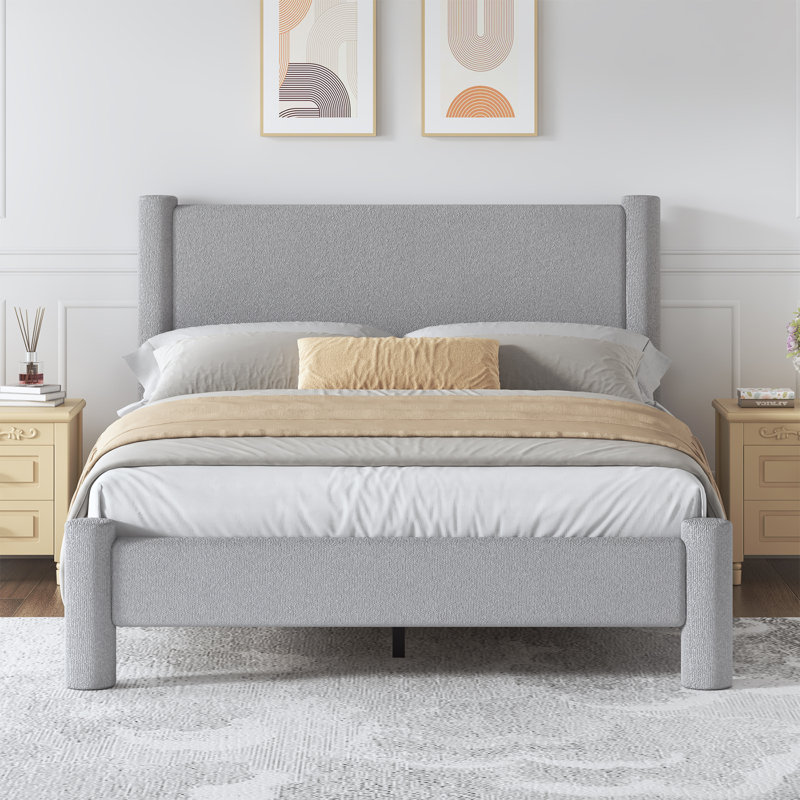 Lit plateforme tapissier Boucle, Gris, Lit double
