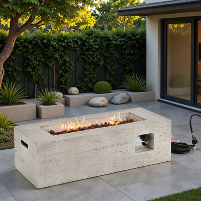 Mgo Propane Outdoor Rectangular Fire Pit With Side Cutout Handles, Steel Burner, Adjustable Flame Control, Lava Rocks And Rain Cover