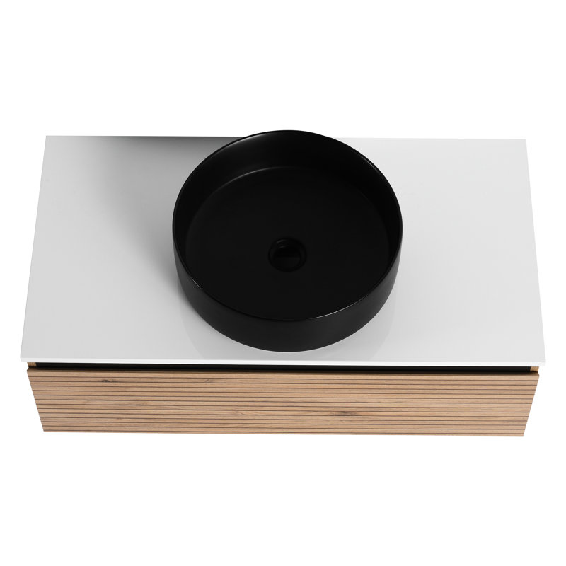 Meuble-lavabo de 36 po avec lavabo en céramique Art Black et tiroir à fermeture en douceur, design moderne pour l'élégance, ton de café principal, matériau en contreplaqué, poignée de tiroir biseautée à extension 2/3 et 45 po, salle de bain, rétractable