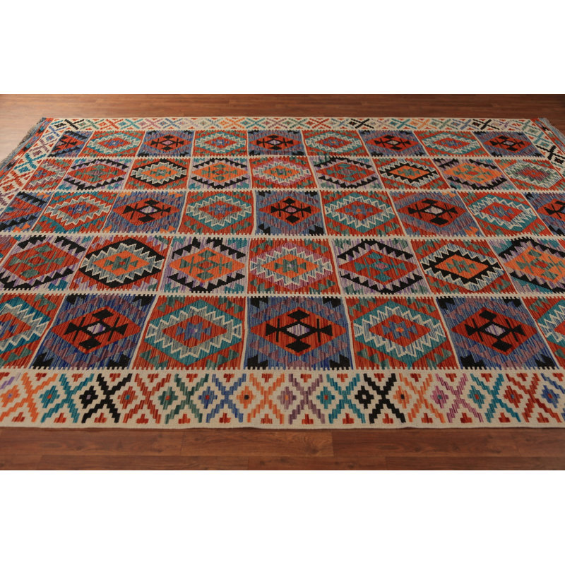 Tapis oriental géométrique en laine Kilim 8 x 12